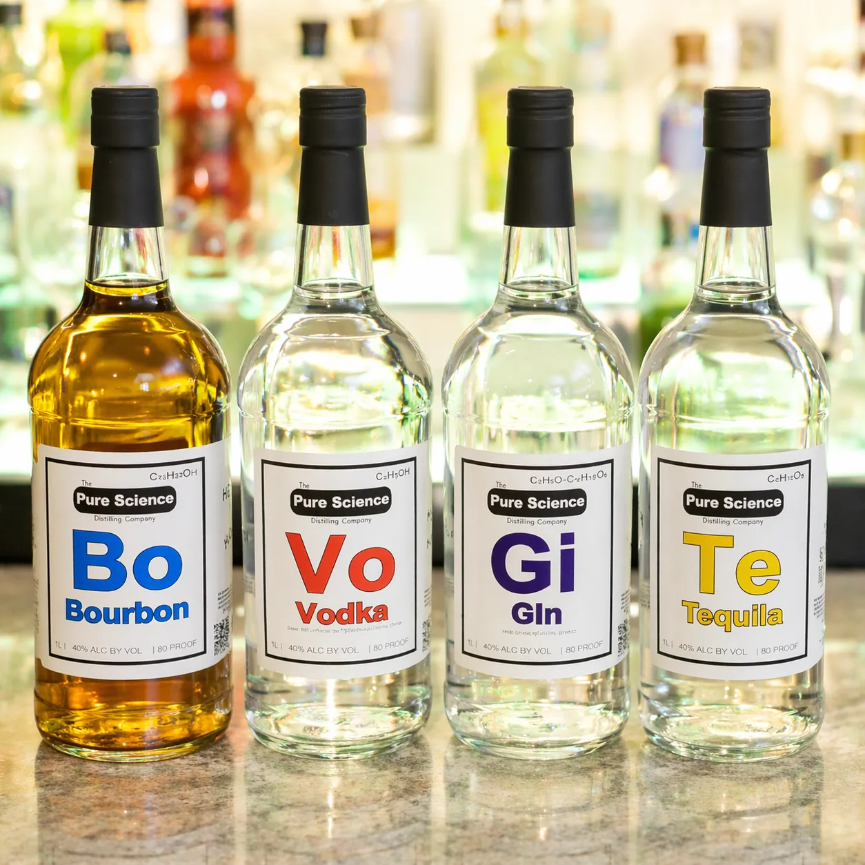 The full Pure Science Distilling Co. lineup — Bourbon, Vodka, Gin, and Tequila — built on a single additive-free standard.