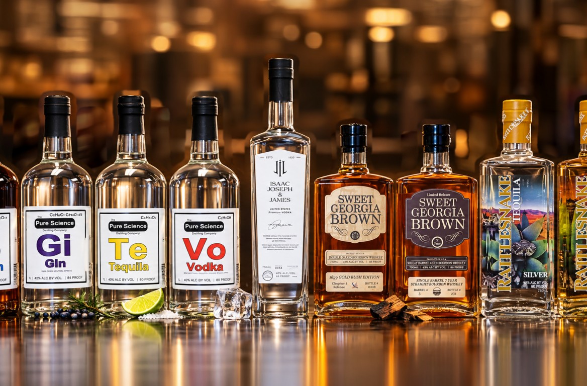 The Real Spirits portfolio on a bar top: Pure Science Bourbon, Gin, Tequila and Vodka, Isaac Joseph & James Vodka, Sweet Georgia Brown Gold Rush and 7 Year, Rattlesnake Silver and Añejo.